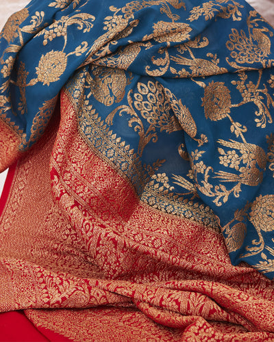 Love Birds Teal Blue Khaddi Georgette Sari