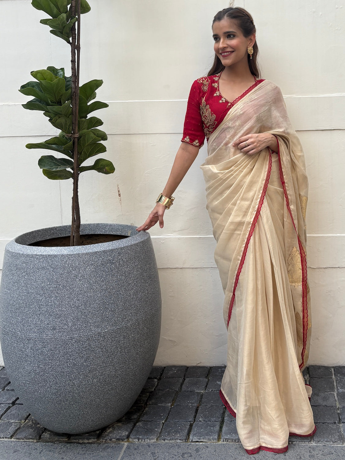 Gilded Dreams Gold & Red chiffon Tissue Sari & Blouse