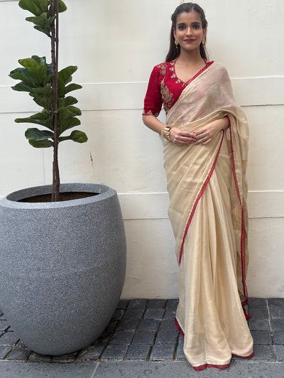 Gilded Dreams Gold & Red chiffon Tissue Sari & Blouse