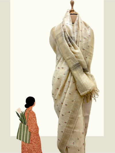 Darjeeling Off White Embroidered Linen Saree