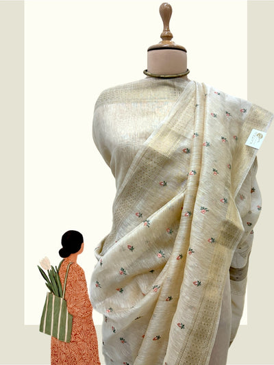 Darjeeling Off White Embroidered Linen Saree