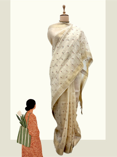 Darjeeling Off White Embroidered Linen Saree
