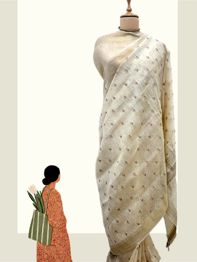 Darjeeling Off White Embroidered Linen Saree