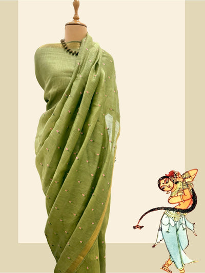 Amravati Green Embroidered Linen Saree