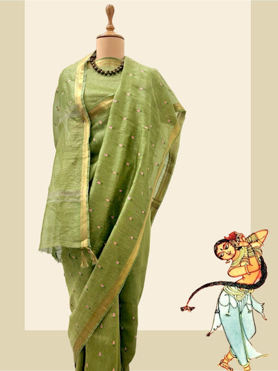 Amravati Green Embroidered Linen Saree