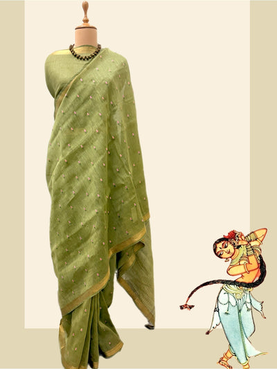 Amravati Green Embroidered Linen Saree