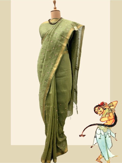 Amravati Green Embroidered Linen Saree