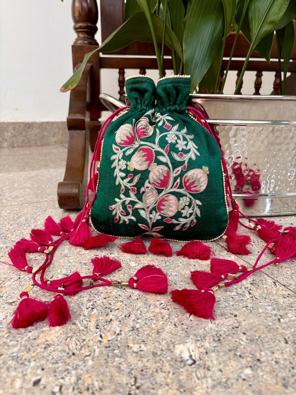 Baghe Bahar Green Raw Silk Potli