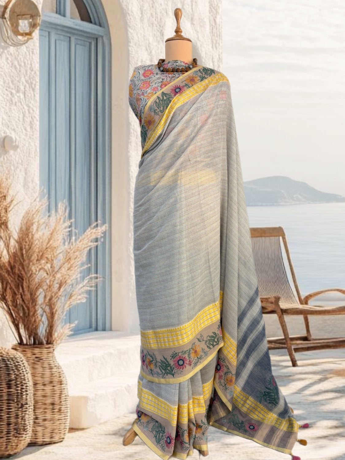 Fleur Grey & Yellow Embroidered Cotton Saree