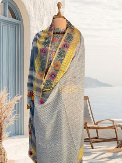 Fleur Grey & Yellow Embroidered Cotton Saree