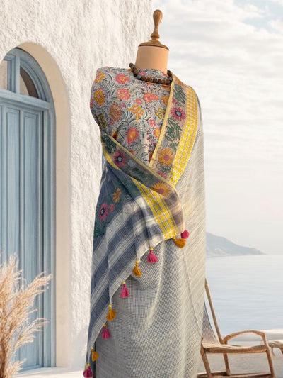 Fleur Grey & Yellow Embroidered Cotton Saree