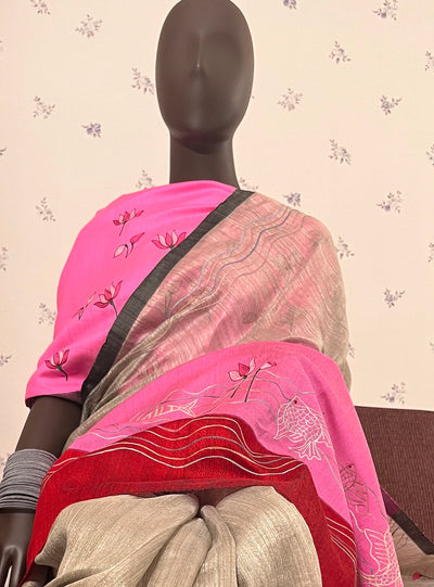 Bohemian Grey & Pink Moonga Silk Linen Saree