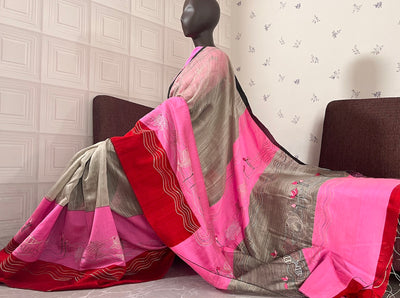 Bohemian Grey & Pink Moonga Silk Linen Saree