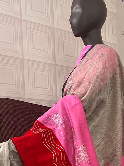 Bohemian Grey & Pink Moonga Silk Linen Saree