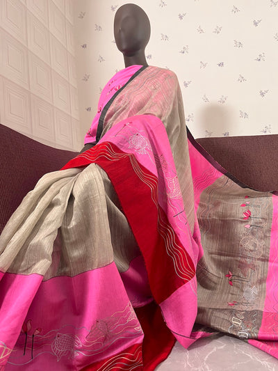 Bohemian Grey & Pink Moonga Silk Linen Saree