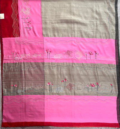 Bohemian Grey & Pink Moonga Silk Linen Saree