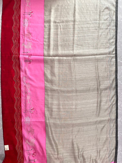 Bohemian Grey & Pink Moonga Silk Linen Saree