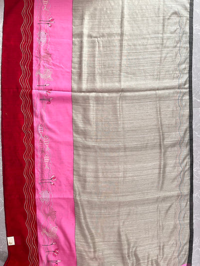 Bohemian Grey & Pink Moonga Silk Khadi Saree