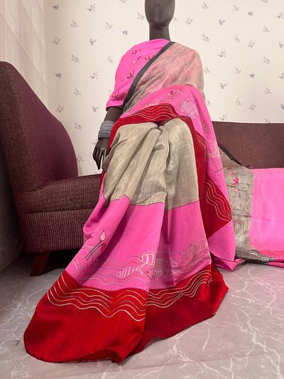 Bohemian Grey & Pink Moonga Silk Khadi Saree