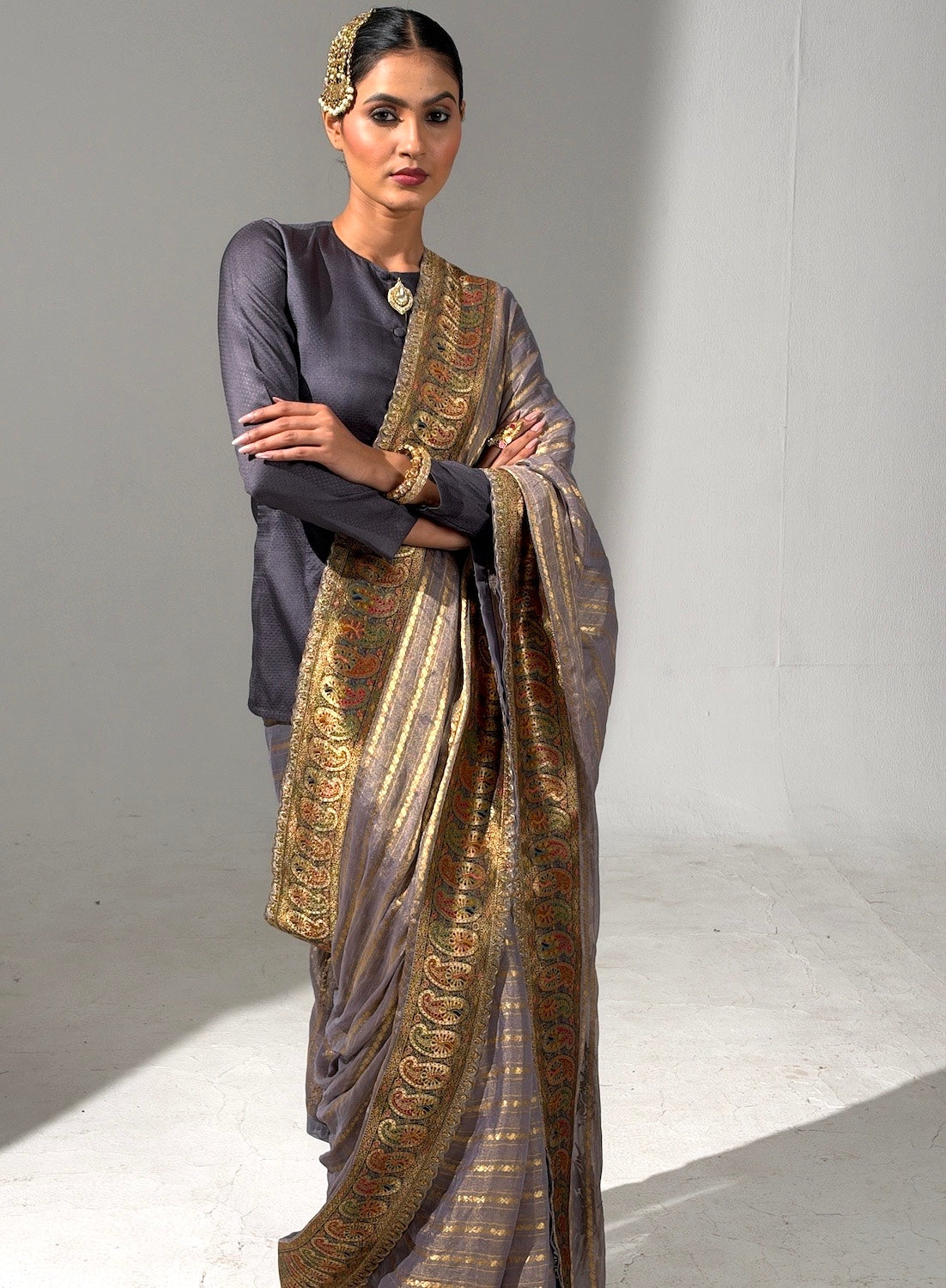 Golnaz Grey Crepe Tissue Saree
