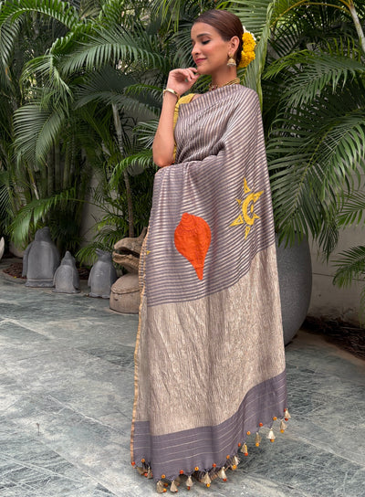 Surya Namaskar Grey crepe tissue Saree
