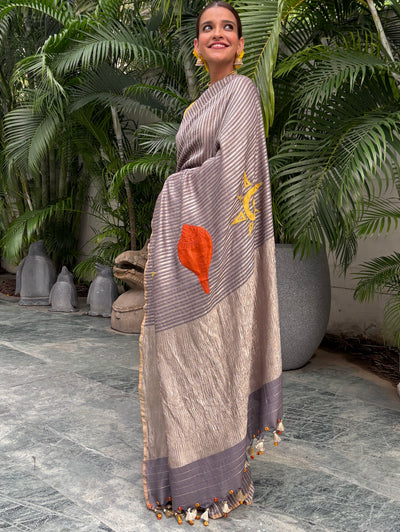 Surya Namaskar Grey crepe tissue Saree