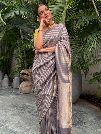 Surya Namaskar Grey crepe tissue Saree