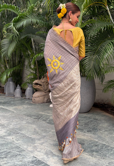 Surya Namaskar Grey crepe tissue Saree