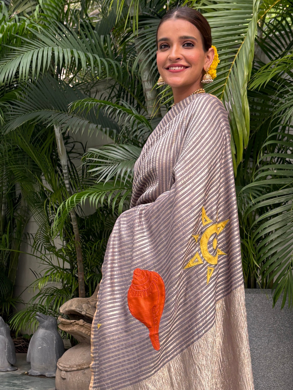 Surya Namaskar Grey crepe tissue Saree