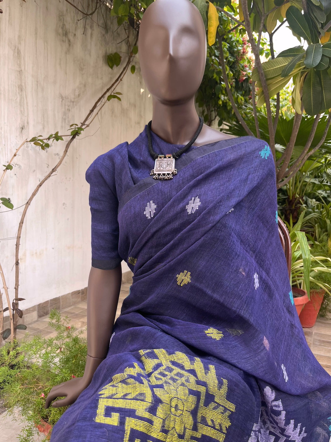 Yantra Ink Blue Linen Saree