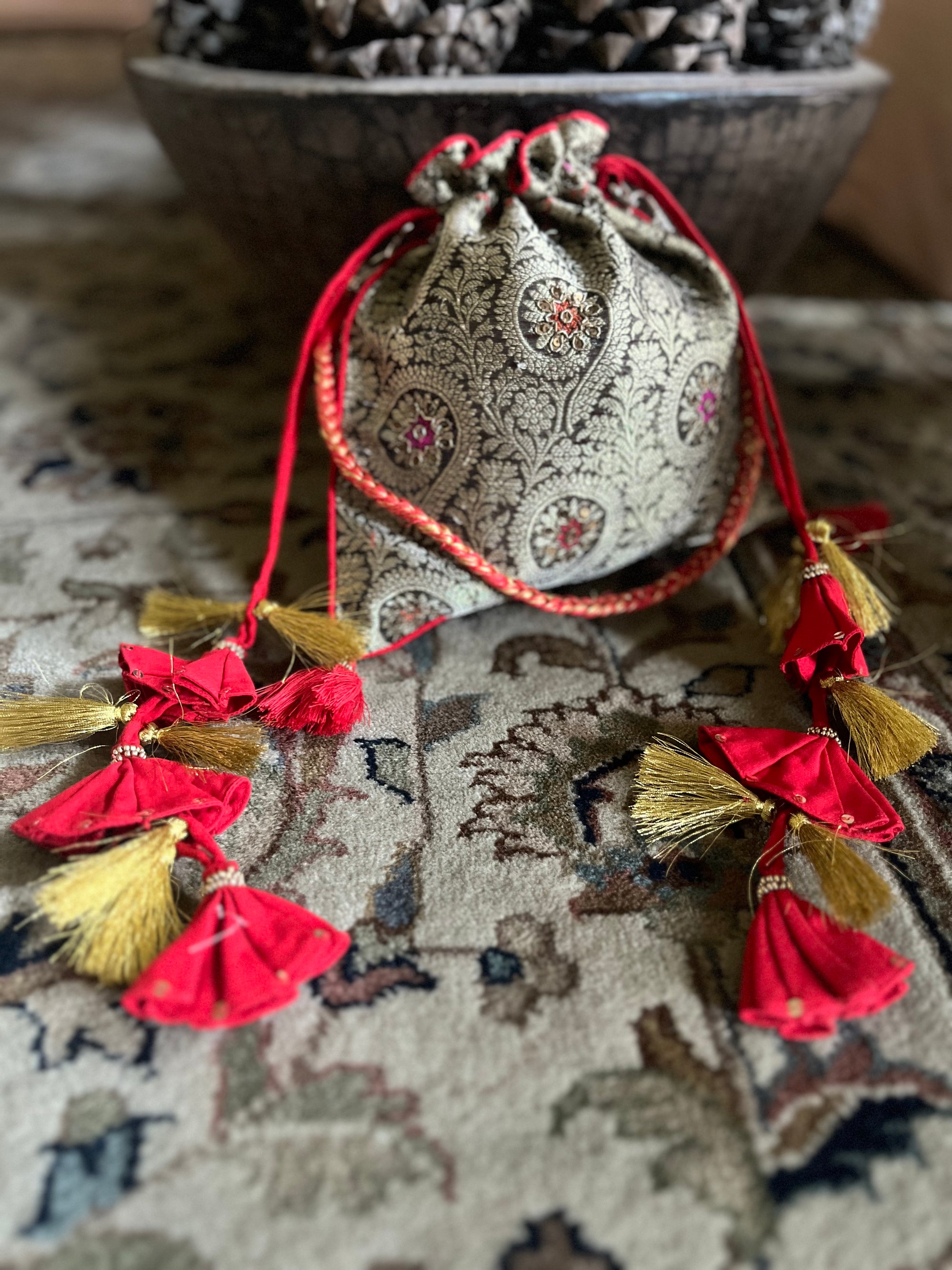 Rope Handle Wedding Ladies Maroon Embroidered Potli Bags
