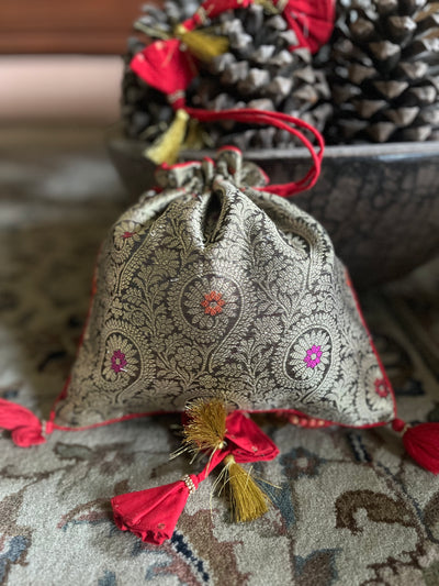 Kashi Dark Mehendi Brocade Silk Potli
