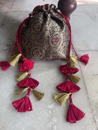 Kashi Dark Mehendi Brocade Silk Potli