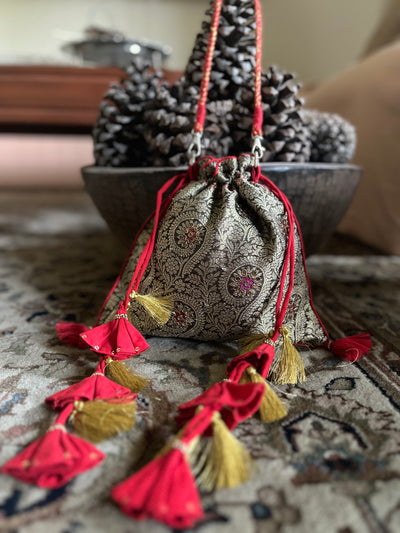 Kashi Dark Mehendi Brocade Silk Potli