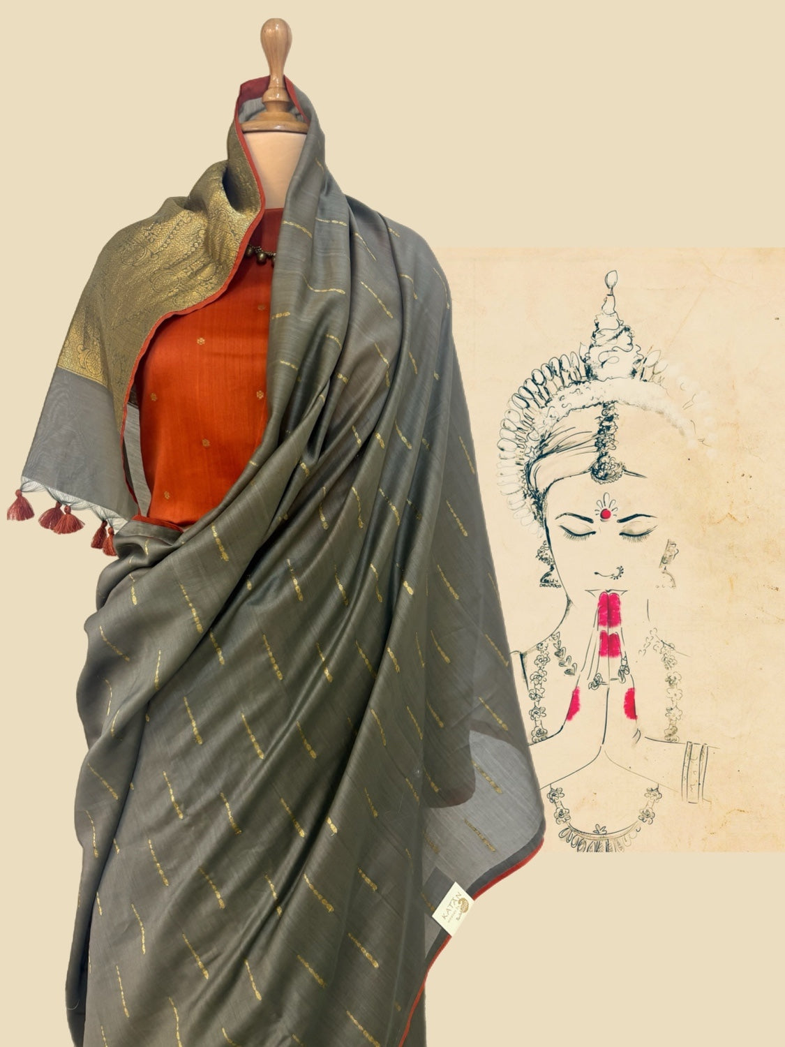 Khaki Green & Rust Cotton Jamdani Saree