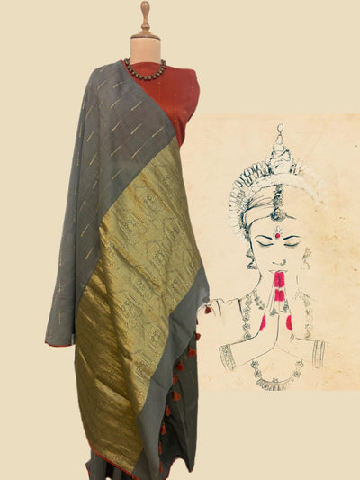 Khaki Green & Rust Cotton Jamdani Saree