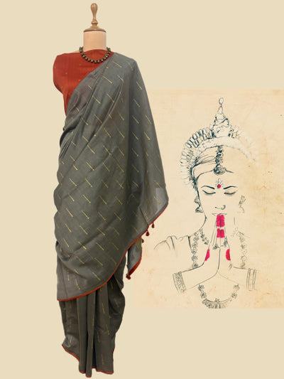 Khaki Green & Rust Cotton Jamdani Saree