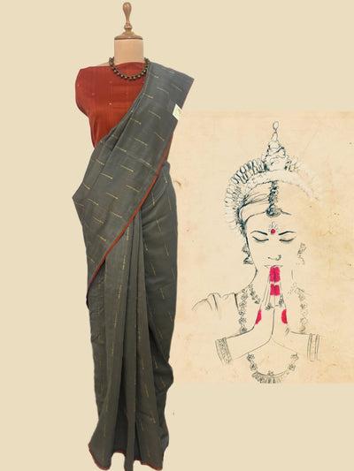 Khaki Green & Rust Cotton Jamdani Saree