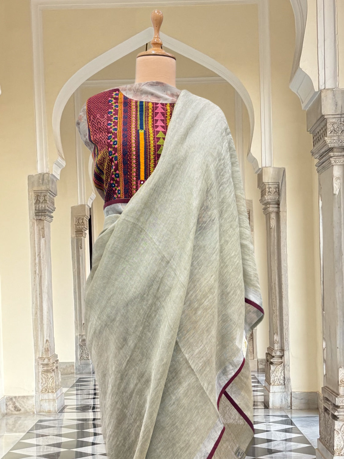 Bijapur Khaki Green Tissue Linen Saree