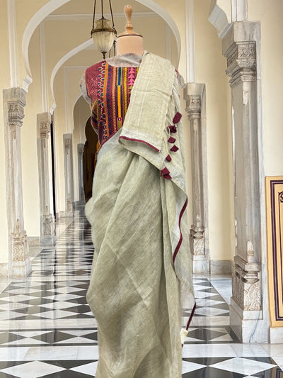 Bijapur Khaki Green Tissue Linen Saree