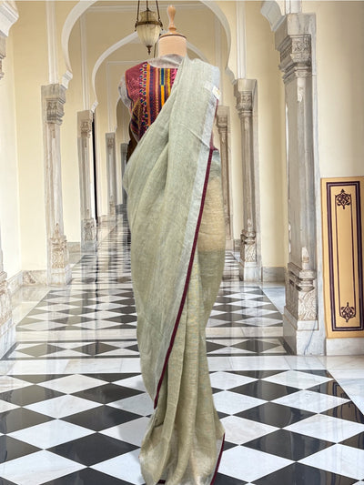 Bijapur Khaki Green Tissue Linen Saree