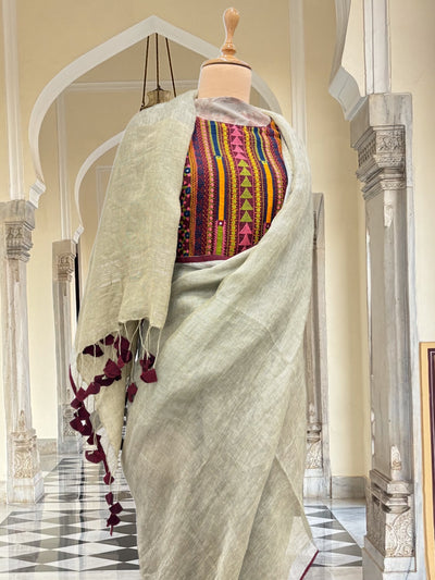 Bijapur Khaki Green Tissue Linen Saree