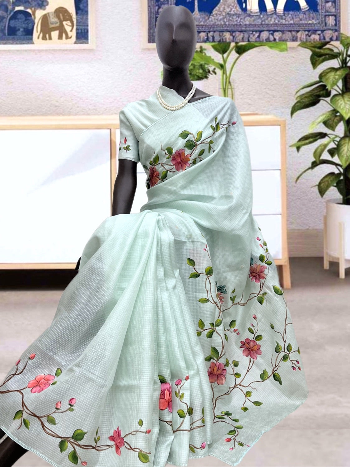 Celeste Sky Blue Hand Painted Kota Saree