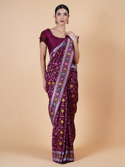 Pinjore Wine Tussar Georgette Saree