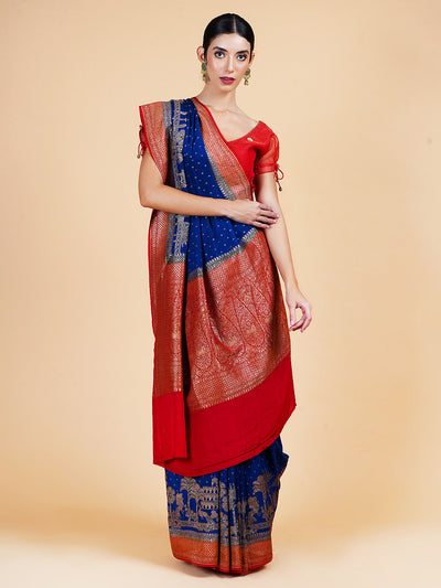 Vijayanagram Blue and Red Crepe Silk Saree