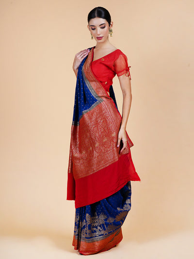 Vijayanagram Blue and Red Crepe Silk Saree
