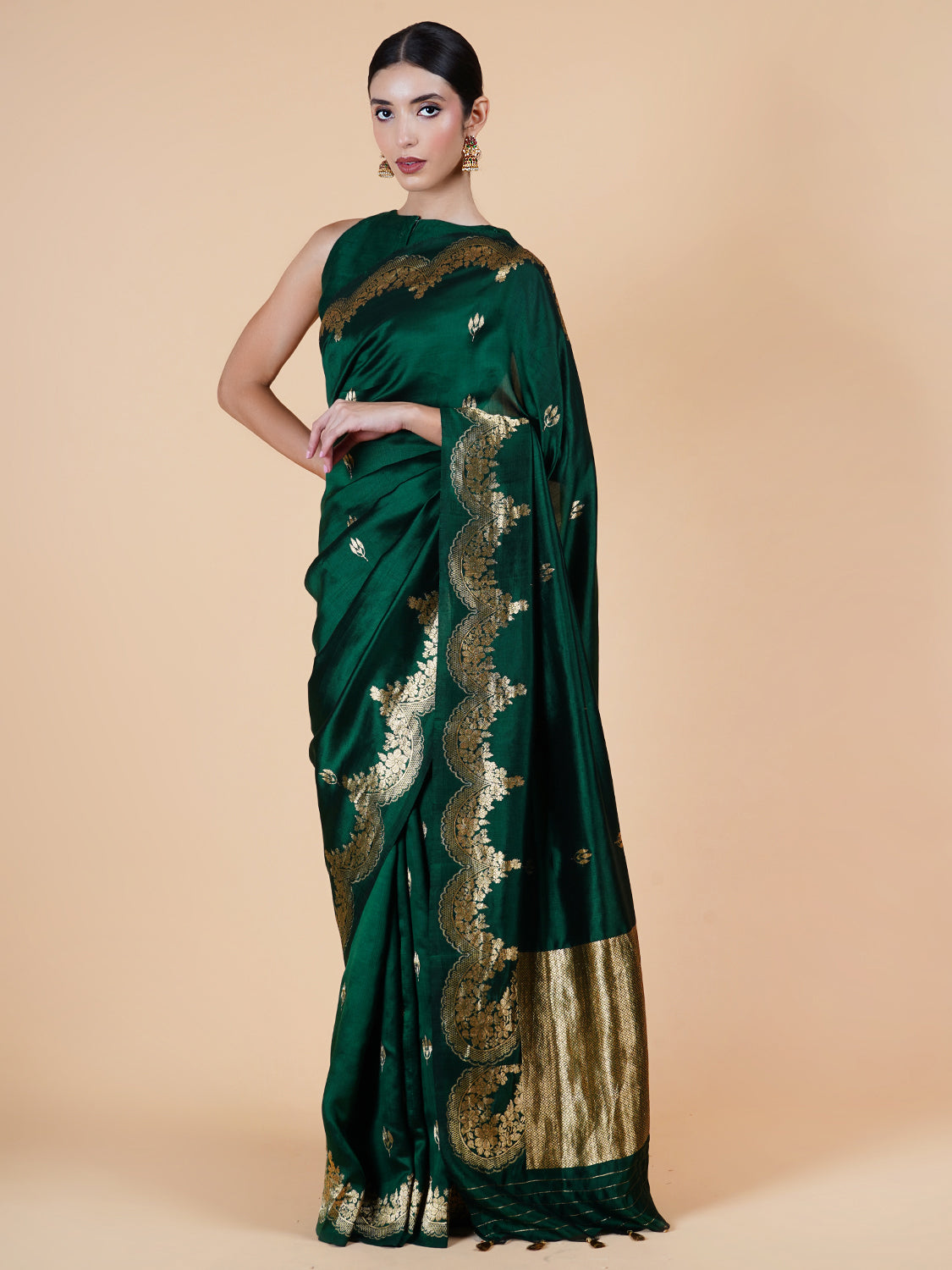 Damyanti Emerald Green Chinya Silk Sari