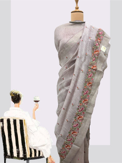Summer Hill Lavender Embroidered Linen Saree