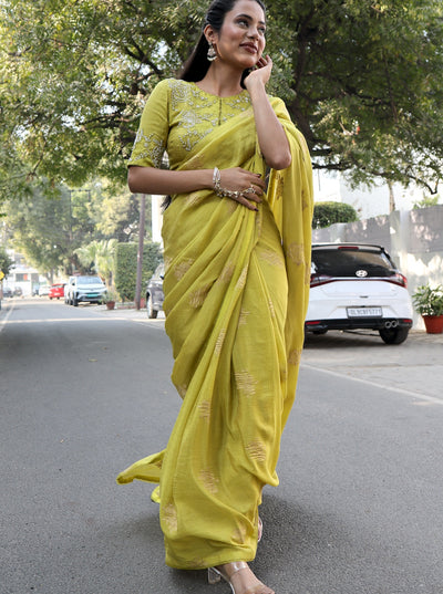 Effervescent Lime Green Tissue Crepe Sari & Blouse