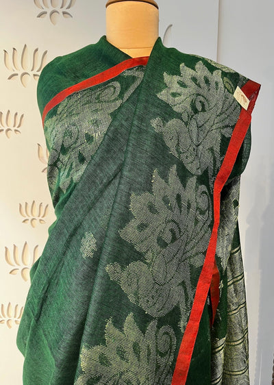 Dark Green Kanchi Style Linen Saree